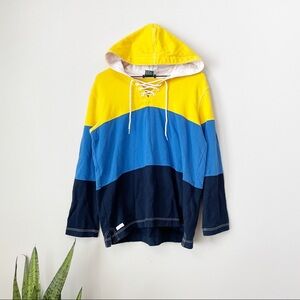 Lauren Ralph Lauren Vintage Yellow Blue Navy Color Block Lace-Up Pullover Hoodie